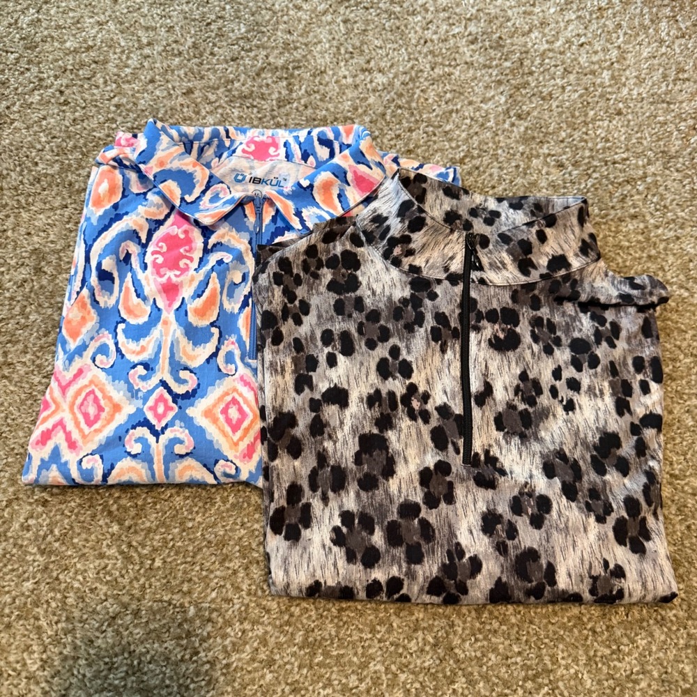 Lot of 2 Ibkul 1/4 zip pullover golf top M leopard tennis pickleball 50+